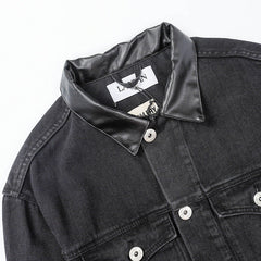 LANVIN Leather Collar Long Sleeve Denim Jacket