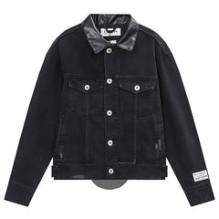 LANVIN Leather Collar Long Sleeve Denim Jacket